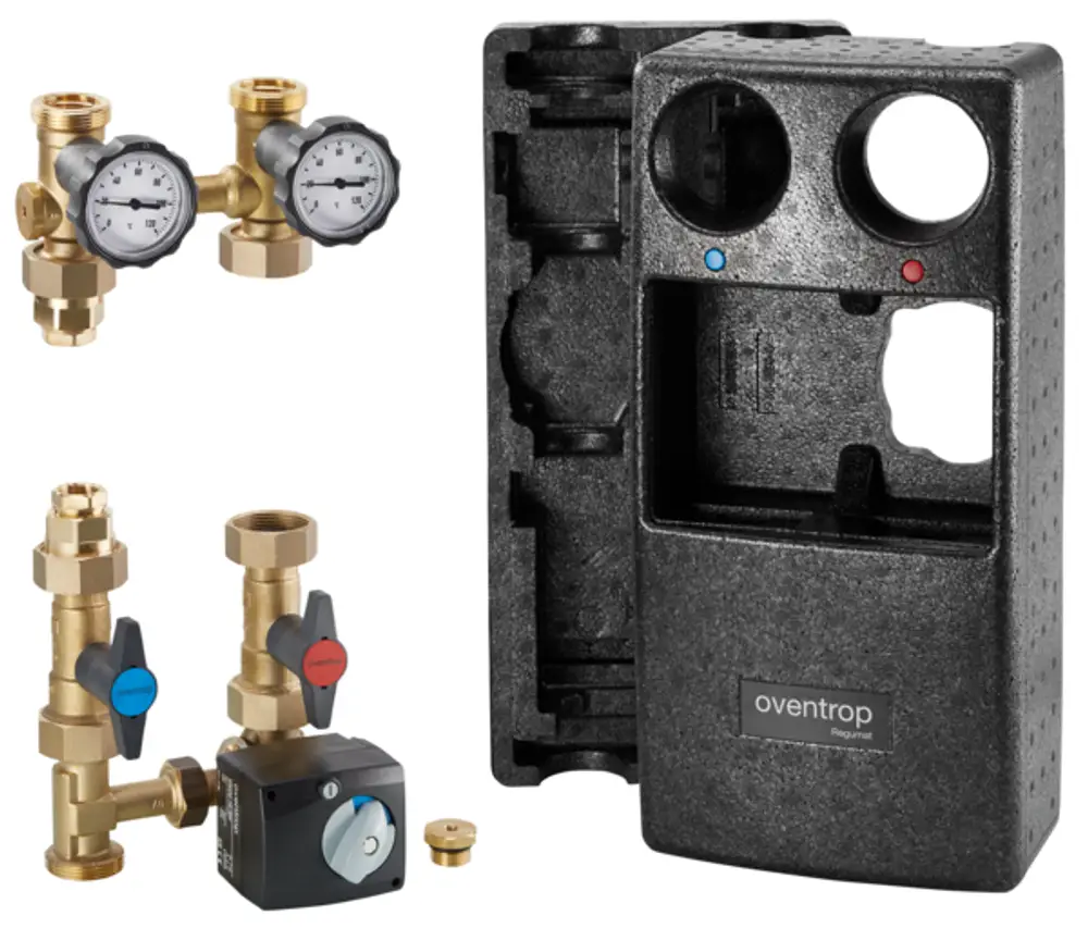 Oventrop Heizkreisstation mit zwei Manometern, Regelventilen und Anschluss für eine Pumpe, montiert in einem schwarzen Gehäuse, geeignet für Heizsysteme.